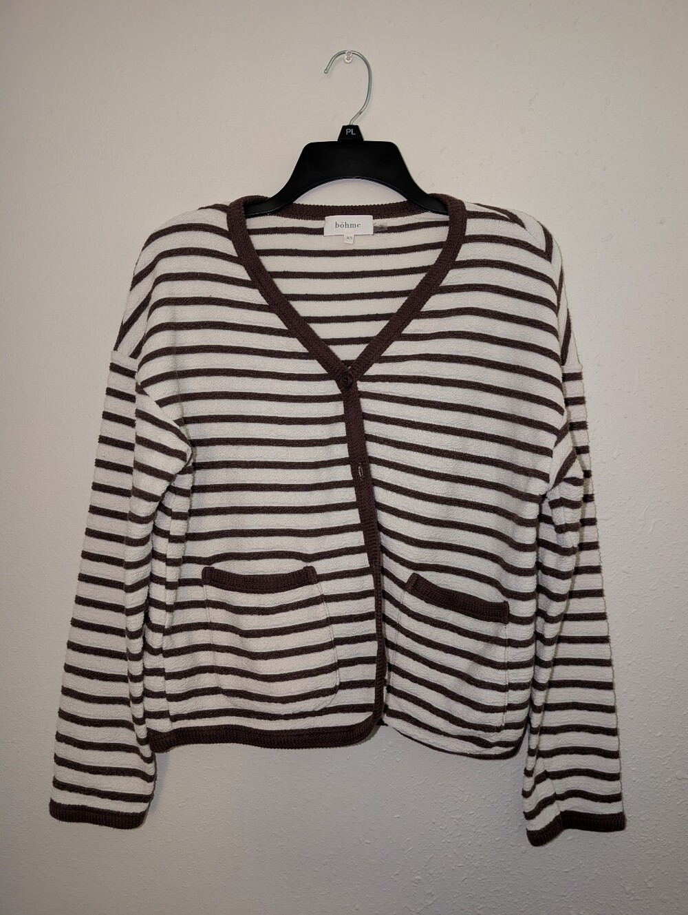 bohme Striped V-Neck Cardigan in Cream and Brown